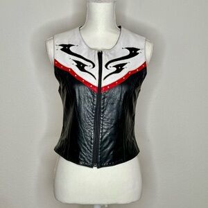 Arella Black and White Western Leather Vest with Red Accents